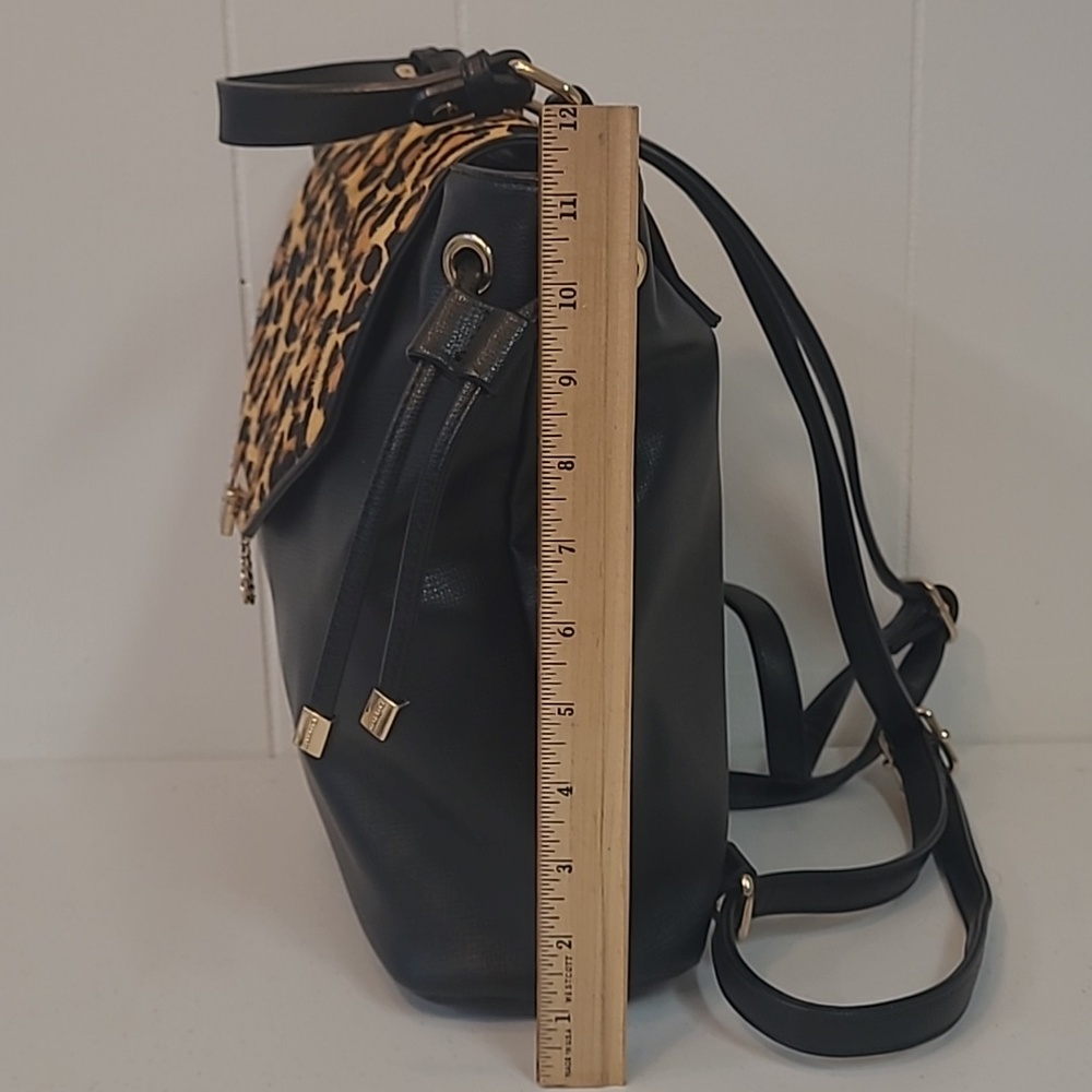 Dune London Calf Hair Leopard Flap / Black Leather Backpack Adjustable Straps - Picture 4 of 13